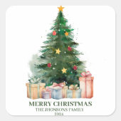 Waterverf kerstboom met cadeaus vierkante sticker (Voorkant)