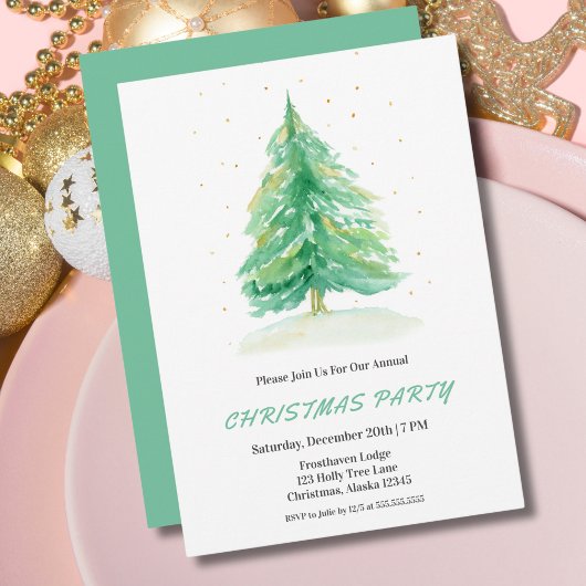 Waterverf kerstboom met gouden sneeuw uitnodigen kaart
