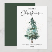 Waterverf kerstboom met gouden spugen feestdagenkaart (Voorkant / Achterkant)