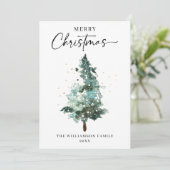 Waterverf kerstboom met gouden spugen feestdagenkaart (Staand voorkant)