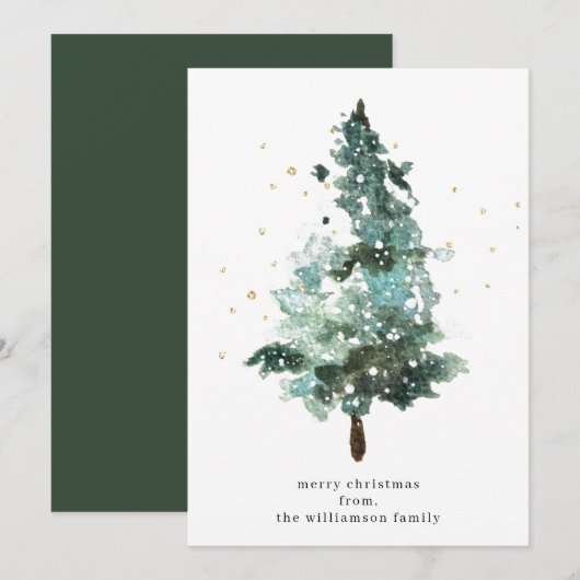 Waterverf kerstboom met gouden spugen feestdagenkaart (Voorkant / Achterkant)