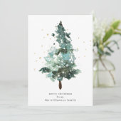 Waterverf kerstboom met gouden spugen feestdagenkaart (Staand voorkant)