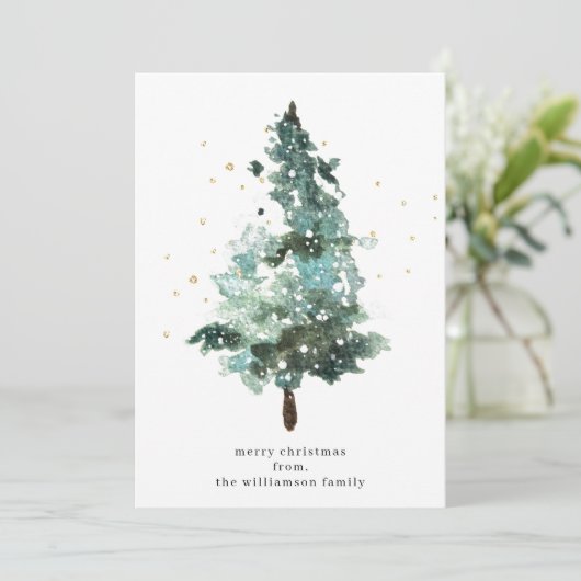 Waterverf kerstboom met gouden spugen feestdagenkaart (Staand voorkant)