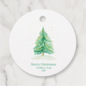 Waterverf kerstboom met goudsneeuw bedankjes labels (Voorkant)