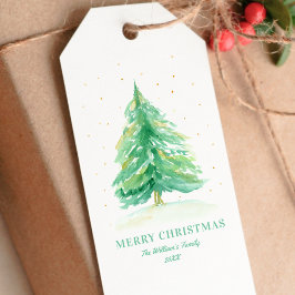 Waterverf kerstboom met goudsneeuw cadeaulabel