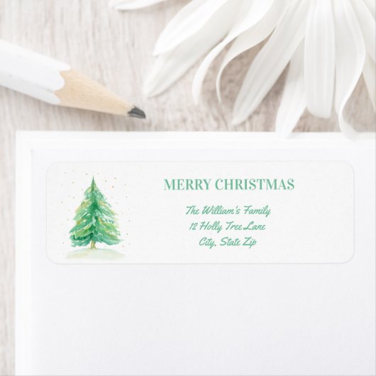 Waterverf kerstboom met goudsneeuw etiket (Insitu)