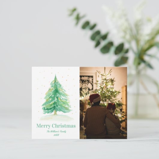Waterverf kerstboom met goudsneeuw feestdagenkaart (Staand voorkant)