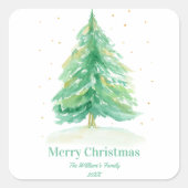 Waterverf kerstboom met goudsneeuw vierkante sticker (Voorkant)