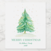 Waterverf kerstboom met goudsneeuw wijn etiket (Enkel label)