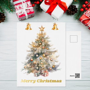 Waterverf kerstboom met jingle bells, folie feestdagen briefkaart
