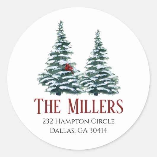 Waterverf kerstboom met kardinaal ronde sticker (Voorkant)