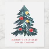 Waterverf kerstboom met Ornamenten feestdag Wijn Etiket (Enkel label)