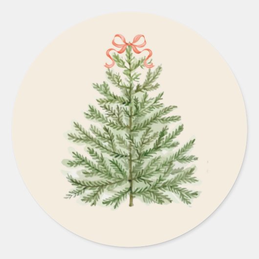 Waterverf kerstboom met rode boog ronde sticker (Voorkant)