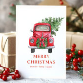 Waterverf kerstboom met rode vrachtwagen feestdagen kaart