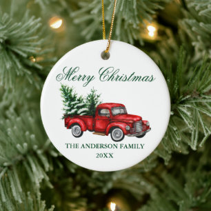 Waterverf kerstboom met rode vrachtwagen keramisch ornament