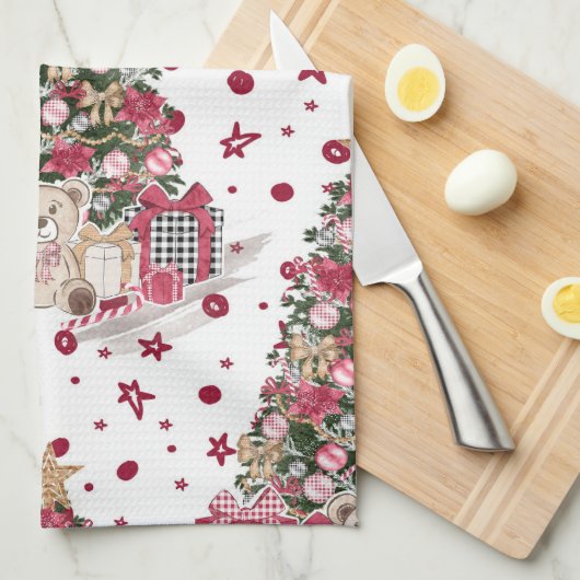  WATERVERF KERSTBOOM MET TEDDYBEREN THEEDOEK (Quarter Fold)