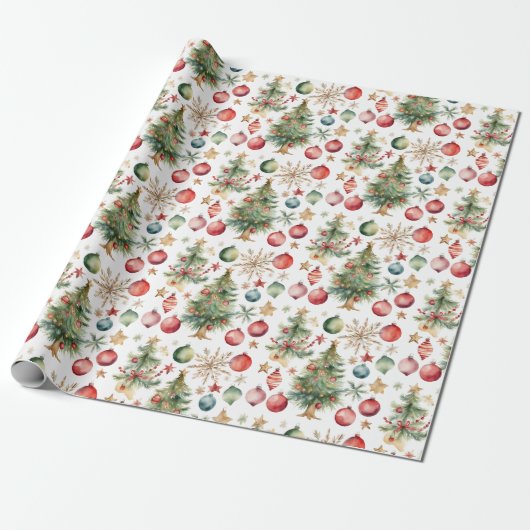 Waterverf kerstboom met versieringen cadeaupapier (Uitgerold)