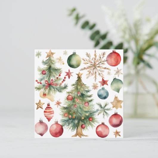Waterverf kerstboom met versieringen feestdagenkaart (Staand voorkant)