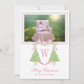 Waterverf Kerstboom Monogram Crest Foto Feestdagenkaart (Voorkant)