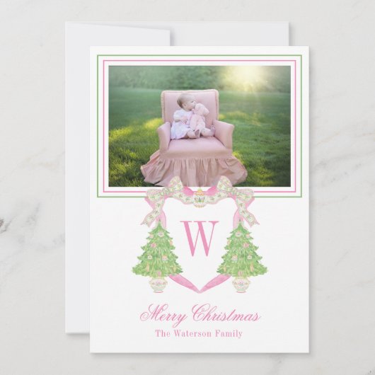 Waterverf Kerstboom Monogram Crest Foto Feestdagenkaart (Voorkant)