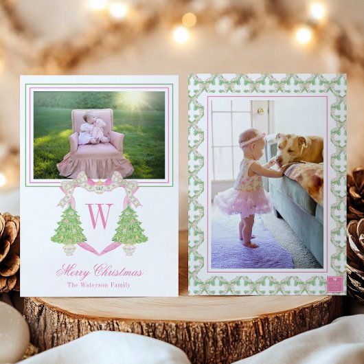 Waterverf Kerstboom Monogram Crest Foto Feestdagenkaart