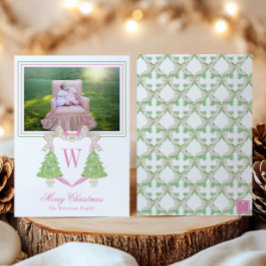 Waterverf Kerstboom Monogram Crest Foto Feestdagenkaart