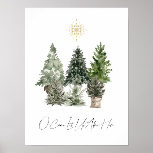 Waterverf Kerstboom O kom, laten we Hem aanbidden Poster (Voorkant)