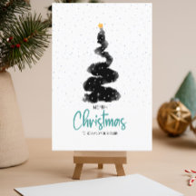 Waterverf Kerstboom onder de sterrenhemel & Sneeuw