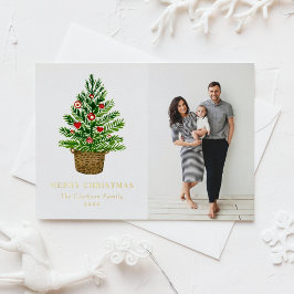 Waterverf kerstboom op een foto met een kruitvat folie feestdagen briefkaart