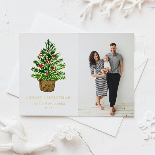 Waterverf kerstboom op een foto met een kruitvat folie feestdagen briefkaart