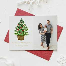 Waterverf kerstboom op een foto met een kruitvat folie feestdagenkaart