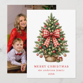 Waterverf Kerstboom Rode Gingham Strik Foto Feestdagenkaart