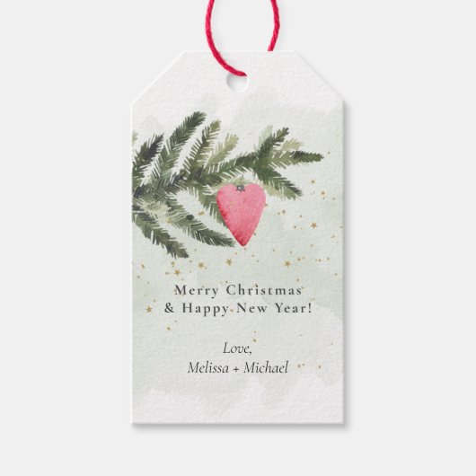 Waterverf 🎄 Kerstboom & Rode Hart Ornament Cadeaulabel (Voorkant)