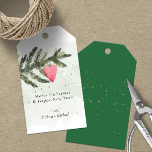 Waterverf 🎄 Kerstboom & Rode Hart Ornament Cadeaulabel