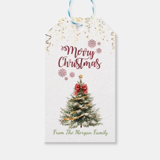 Waterverf Kerstboom Rode Strik Confetti Cadeau Cadeaulabel (Voorkant)