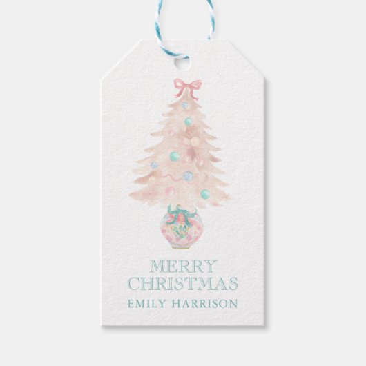 Waterverf Kerstboom Roze Grandmillennial Cadeaulabel (Voorkant)