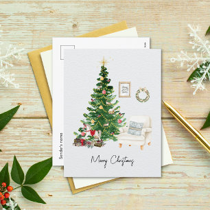 Waterverf Kerstboom & Sofa Stoel Kerst Feestdagenkaart