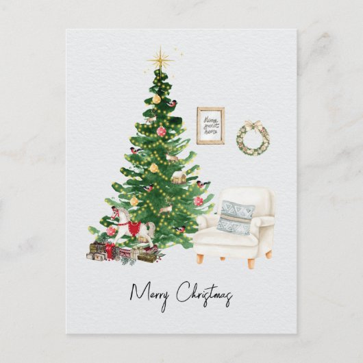 Waterverf Kerstboom & Sofa Stoel Kerst Feestdagenkaart (Voorkant)