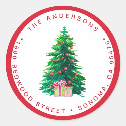 Waterverf kerstboom | Terugkeeradres feestdag Ronde Sticker (Voorkant)
