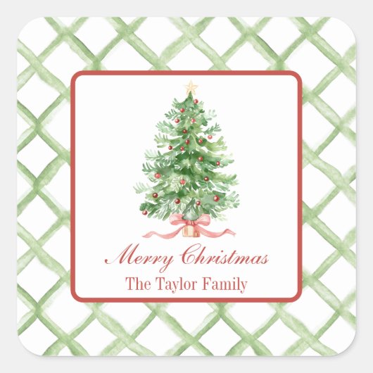 Waterverf kerstboom vierkante sticker (Voorkant)