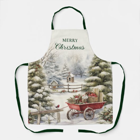  Waterverf Kerstboom Vrolijk Kerstfeest Schort (Voorkant)