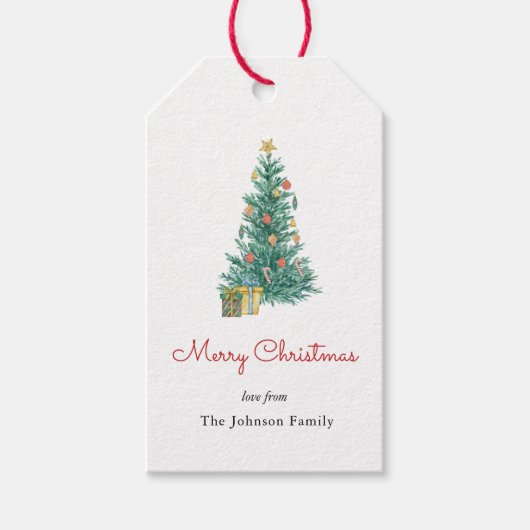 Waterverf Kerstboom Vrolijk rChristmas Cadeaulabel (Voorkant)