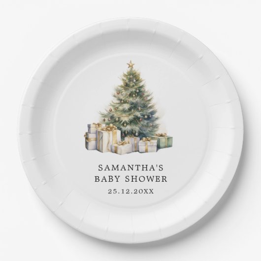 Waterverf Kerstboom Winter Baby shower Papieren Bordje (Voorkant)