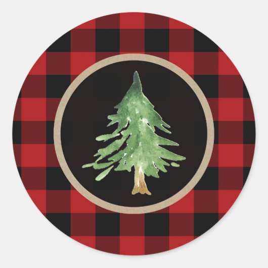 Waterverf kerstboom Winterrode buffelplaat Ronde Sticker (Voorkant)