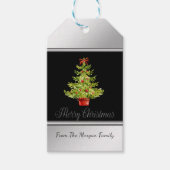 Waterverf kerstboom, zwart, zilver cadeaulabel (Voorkant)