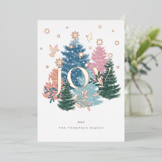 Waterverf kerstboombos met joipasta's en duif folie feestdagenkaart (Staand Voorkant)