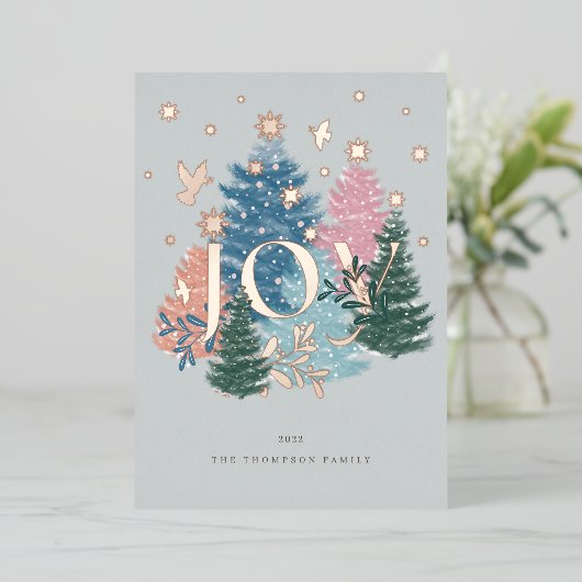 Waterverf kerstboombos met joipasta's en duif folie feestdagenkaart (Staand Voorkant)