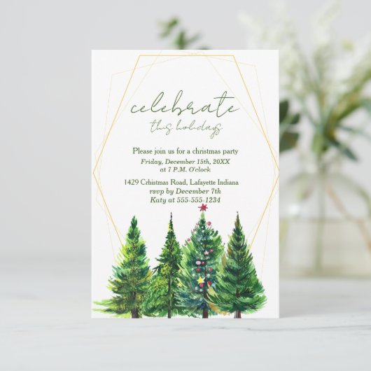 Waterverf kerstboomfeest uitnodiging (Staand voorkant)