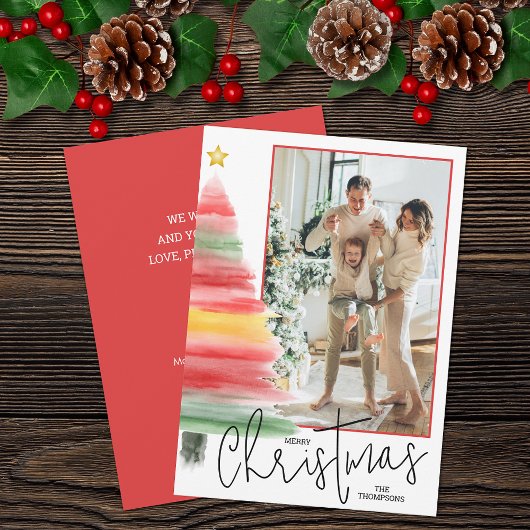 Waterverf kerstboomfoto feestdagenkaart