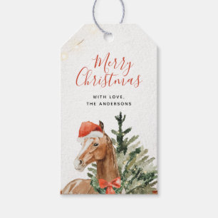 Waterverf kerstboompaarden cadeaulabel